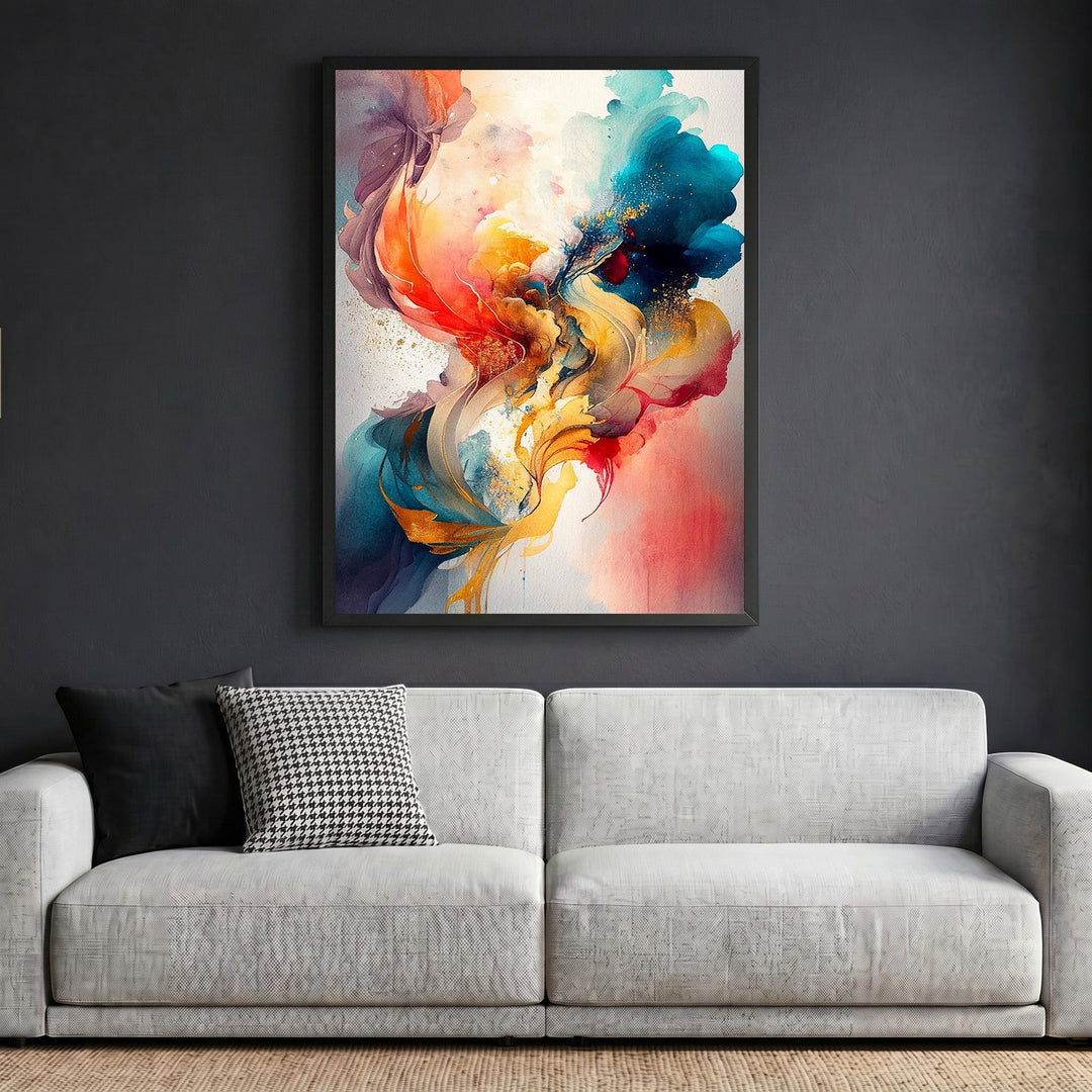 Wadi Home abstract expressionist framed wall art with vibrant teal and orange fluid brushwork above a modern sofa.