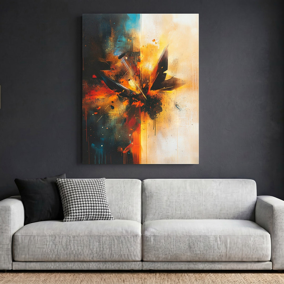 Wadi Home abstract expressionist wall art with blue and orange brushwork hanging above a modern grey sofa.