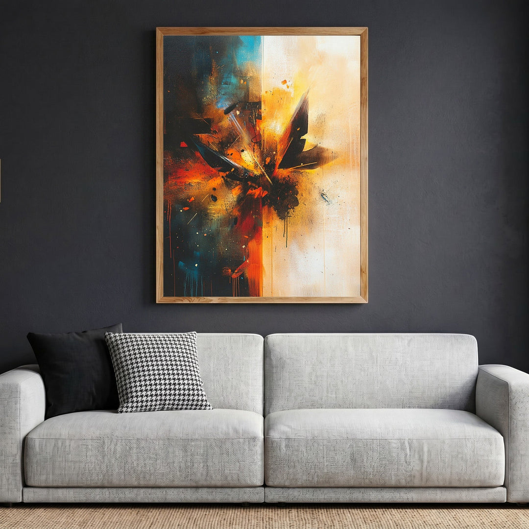 Wadi Home abstract expressionist framed wall art with blue and orange brushwork hanging above a modern grey sofa.