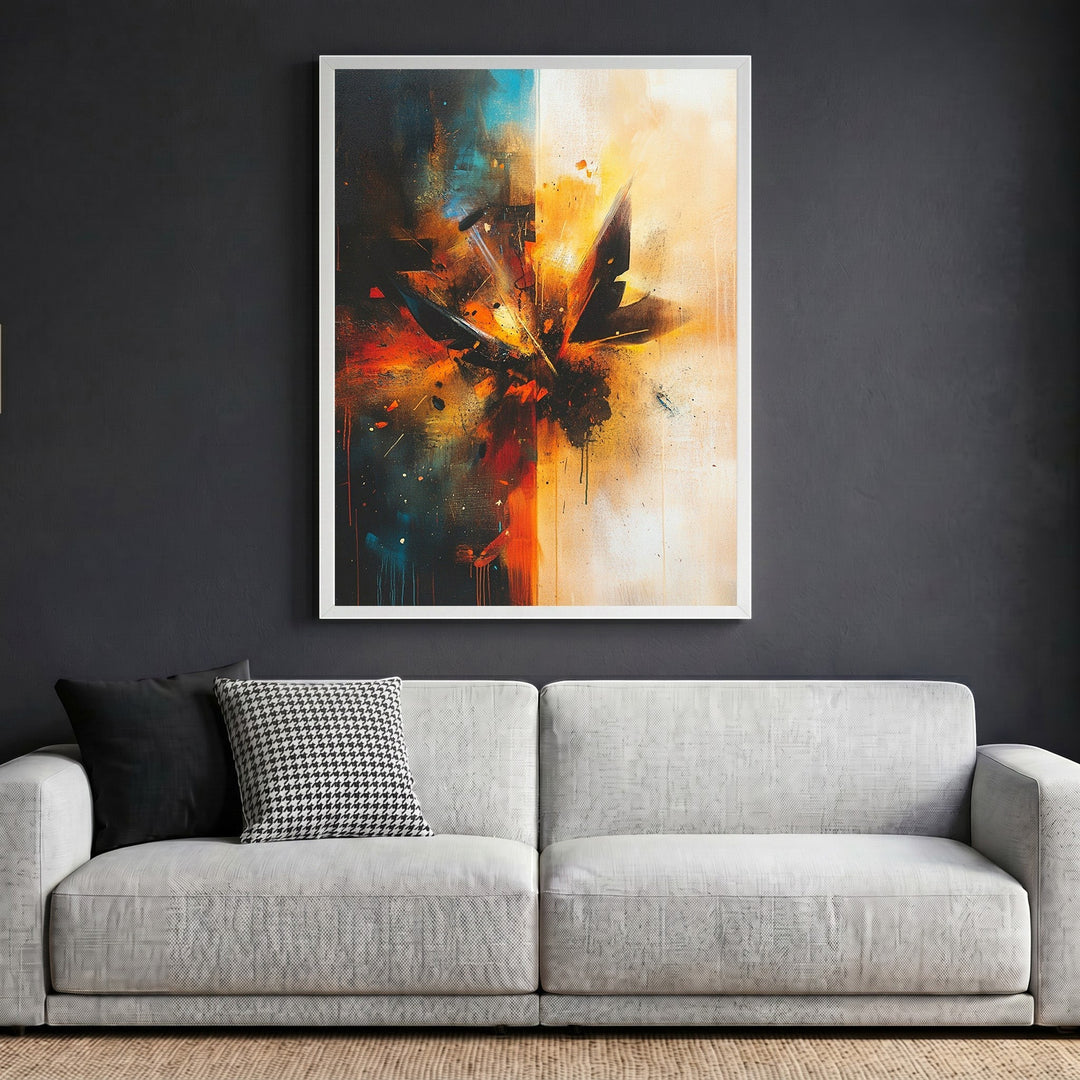 Wadi Home abstract expressionist framed wall art with blue and orange brushwork hanging above a modern grey sofa.