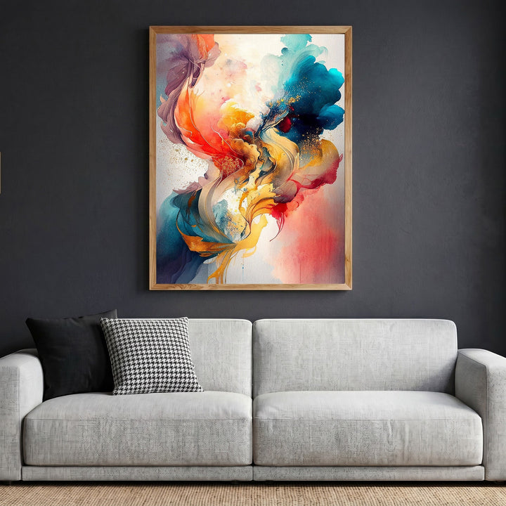 Wadi Home abstract expressionist framed wall art with vibrant teal and orange fluid brushwork above a modern sofa.
