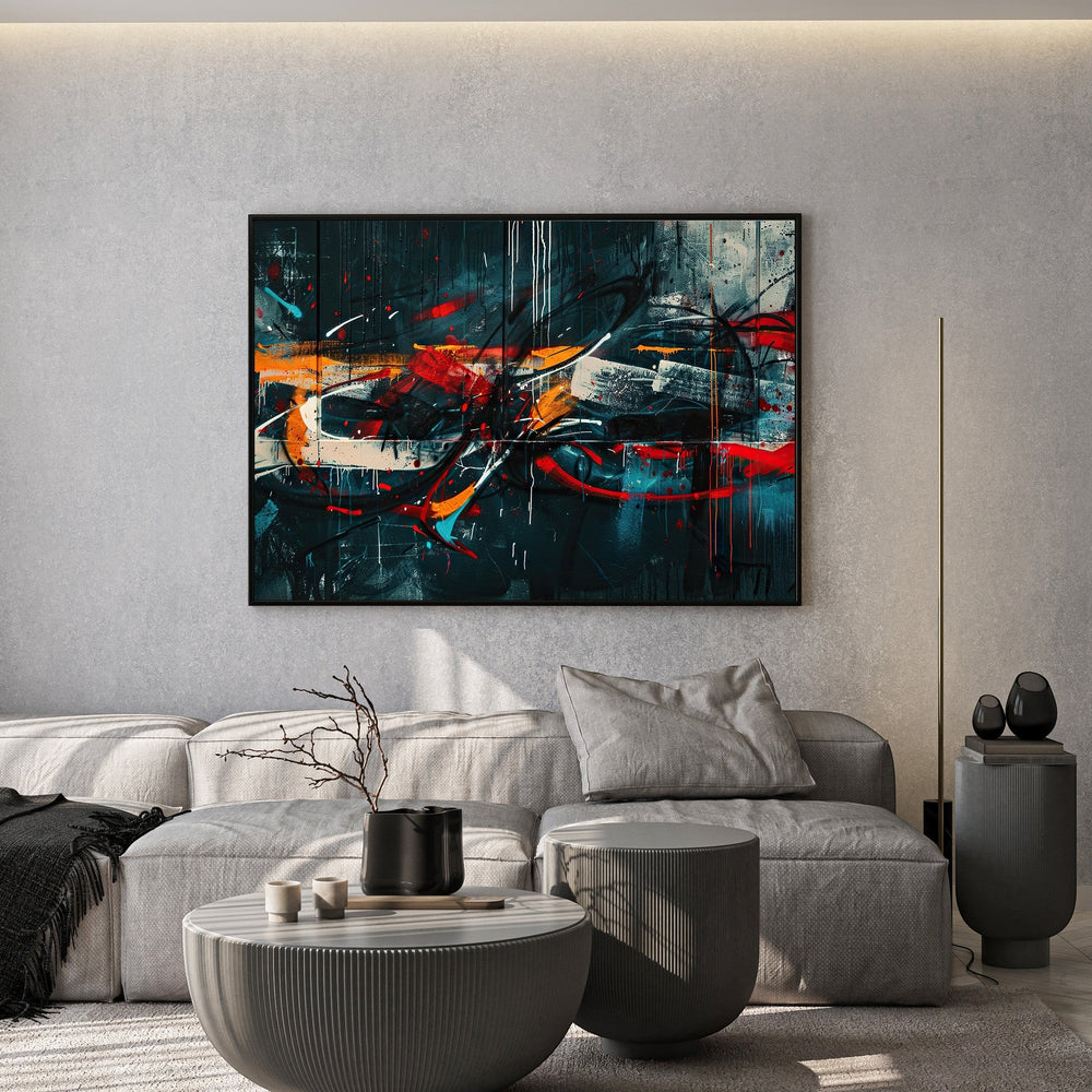 Wadi Home abstract expressionist framed wall art with moody tones and vibrant red and orange accents in a modern living room