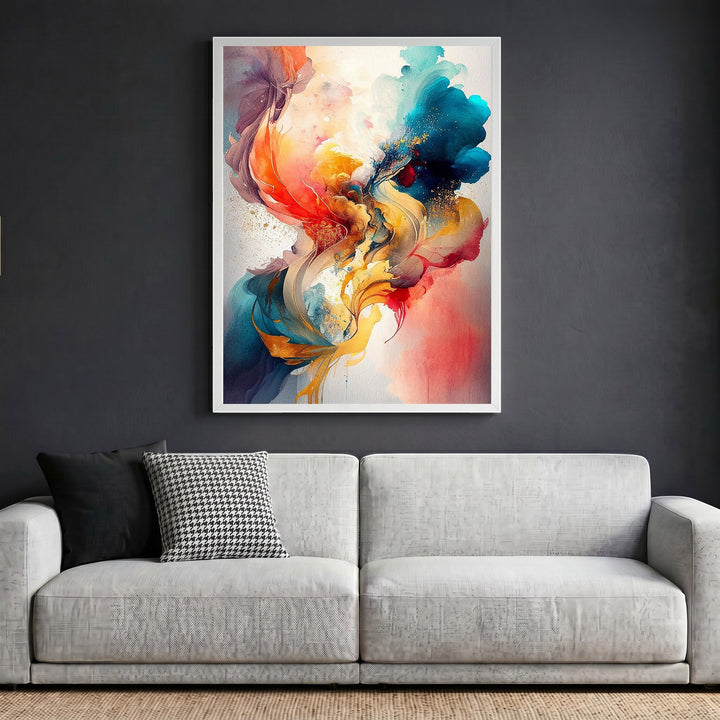 Wadi Home abstract expressionist framed wall art with teal and orange fluid brushwork hanging above a modern sofa.