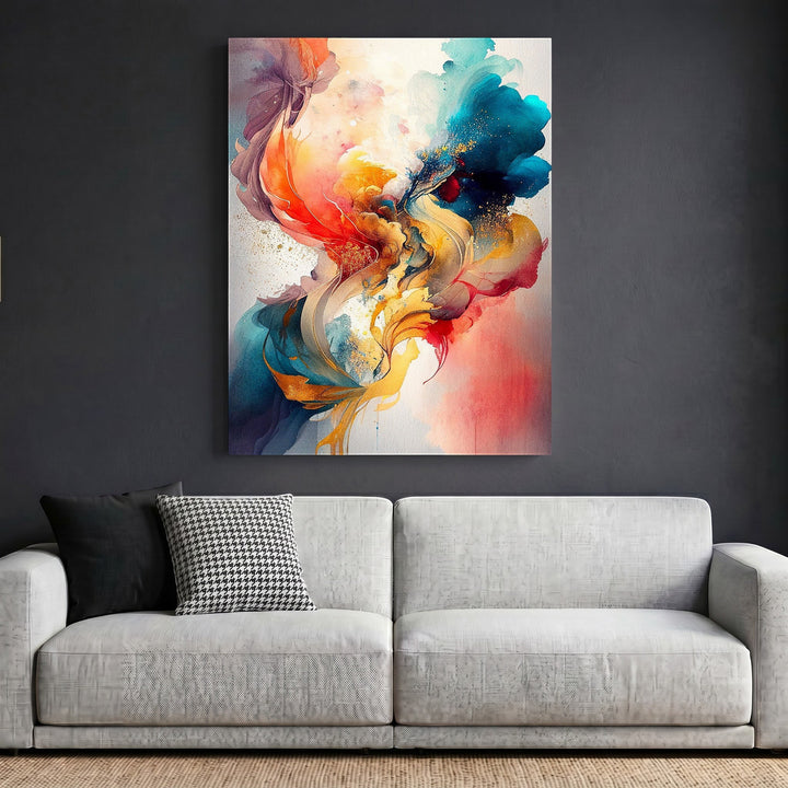 Wadi Home abstract expressionist framed wall art with vibrant teal, orange, and blush fluid brushwork above a sofa.