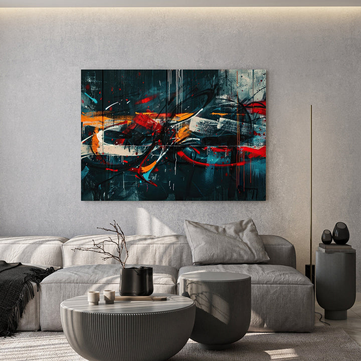 Wadi Home abstract expressionist framed wall art with moody tones and vibrant red and orange accents in a modern living room