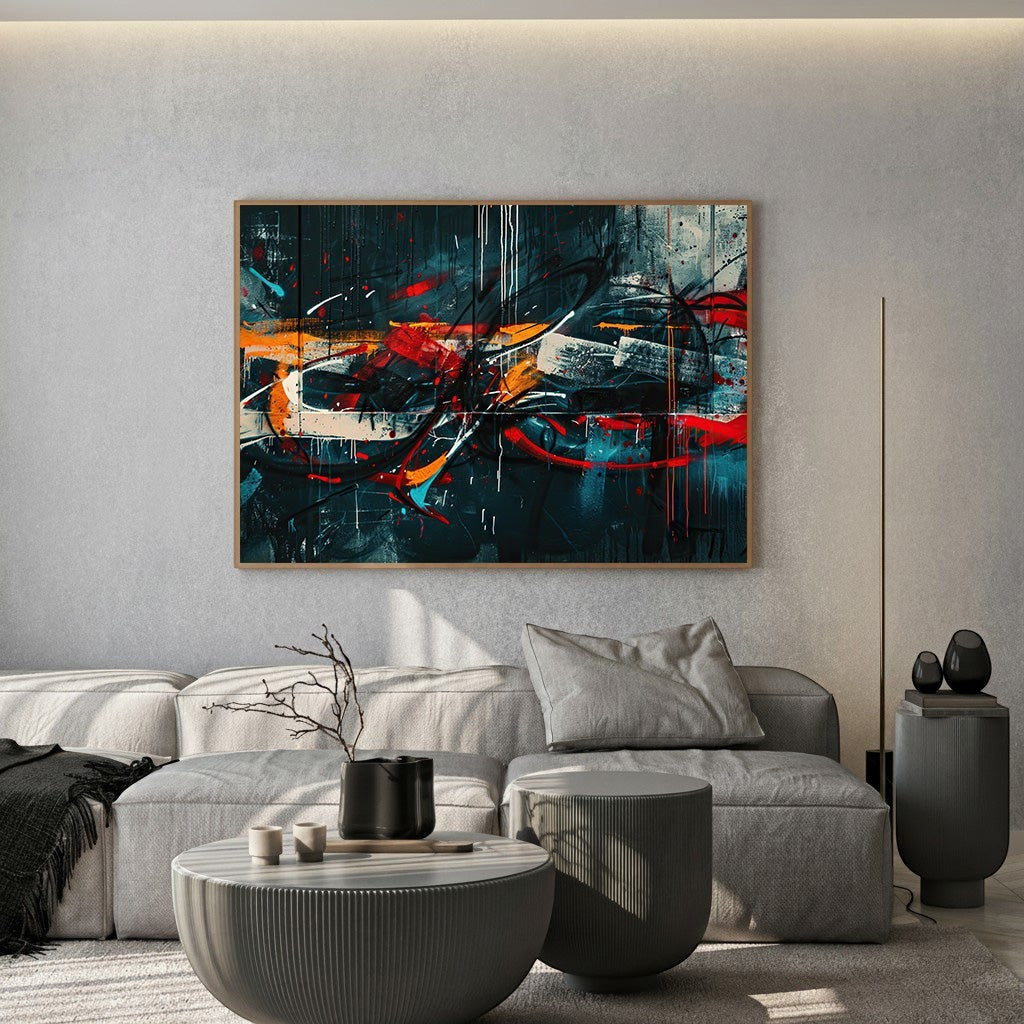 Wadi Home abstract expressionist framed wall art with moody tones, fiery red, and orange accents in a modern living room