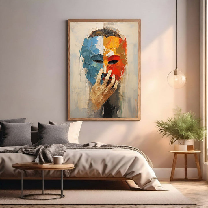 Wadi Home Abstract Expressionist Portrait Wall Art, masked face in vibrant blues, reds, oranges, textured brushstrokes, framed.