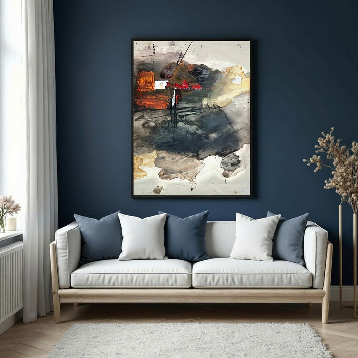 Wadi Home abstract expressionist wall art with bold strokes in earthy tones and vibrant accents, framed in black.