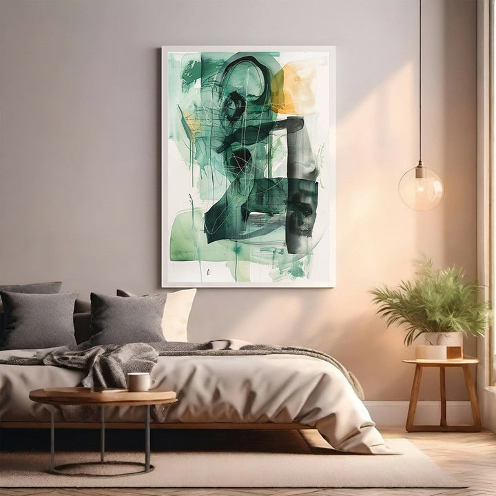 Wadi Home abstract expressionist wall art with deep greens, yellow, and black lines. Textured brushstrokes add depth.