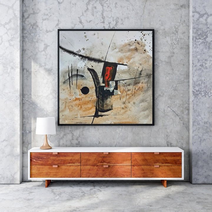 Wadi Home abstract expressionist wall art with earthy tones, black strokes, and red accent. Textured mixed-media composition.