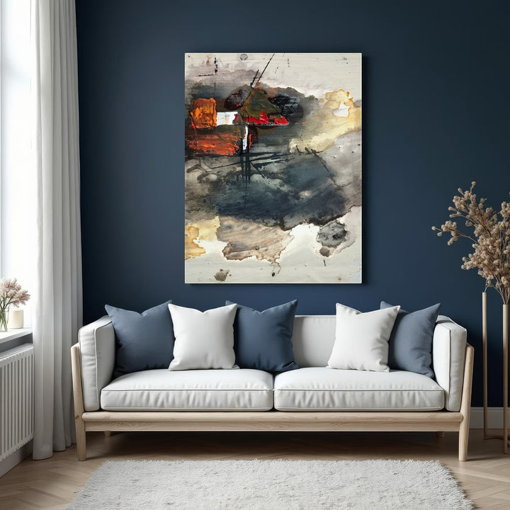 Wadi Home abstract expressionist wall art with bold strokes in earthy tones and vibrant accents, textured finish.
