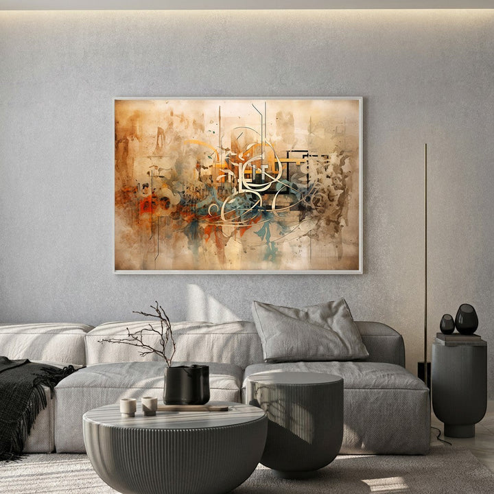 Wadi Home abstract expressionist wall art print with burnt orange and teal tones in a modern living room setting.