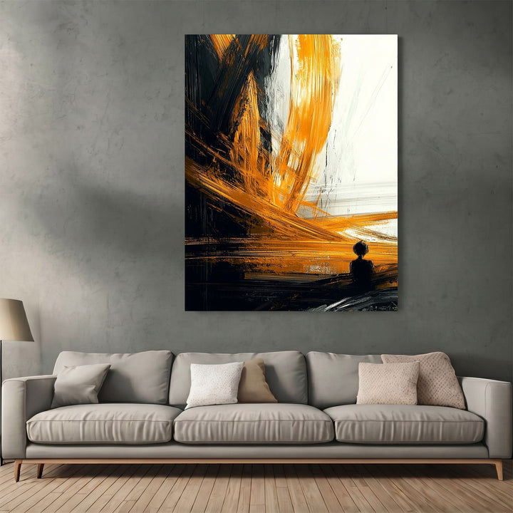Wadi Home abstract expressionist wall art with black, white, and golden amber brushstrokes above a modern sofa.
