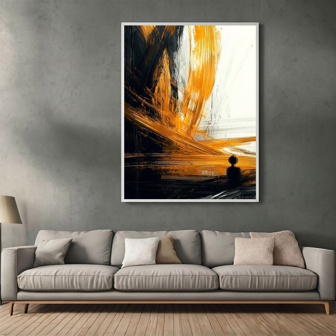Wadi Home abstract expressionist wall art with black, white, and golden amber brushstrokes above a modern grey sofa.