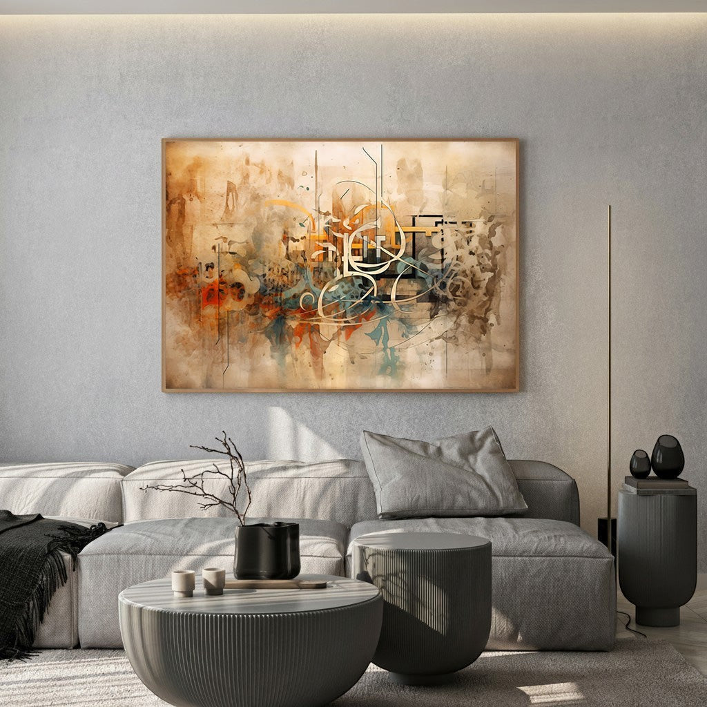 Wadi Home abstract expressionist wall art print with burnt orange and teal tones hanging above a modern grey sofa.