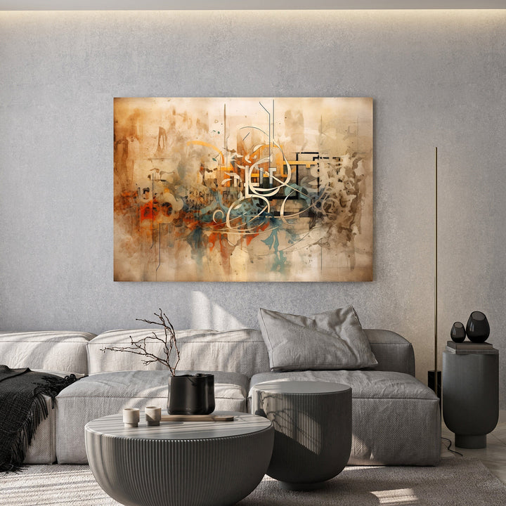 Wadi Home abstract expressionist wall art print featuring burnt orange, ochre, and teal tones hanging above a grey sofa.