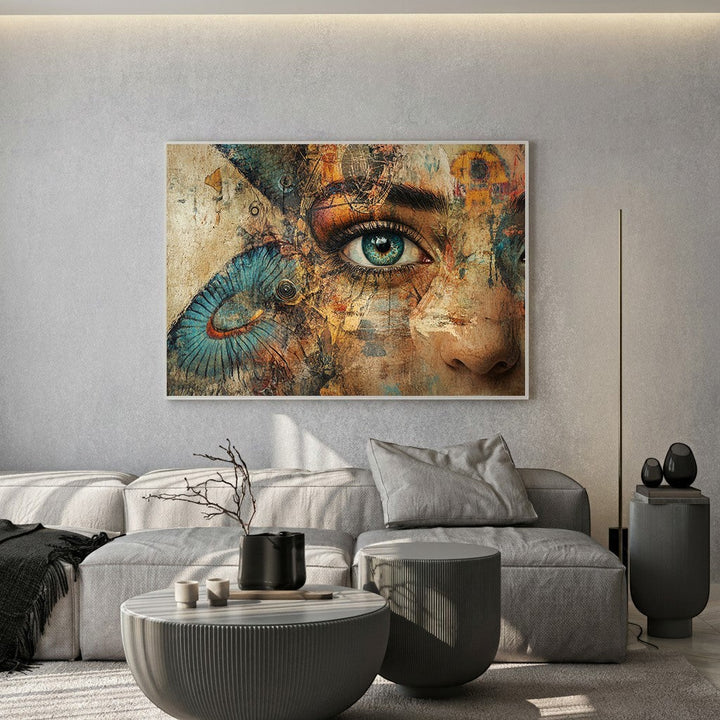Wadi Home abstract human eye canvas wall art with blue and ochre tones displayed above a modern grey sofa.