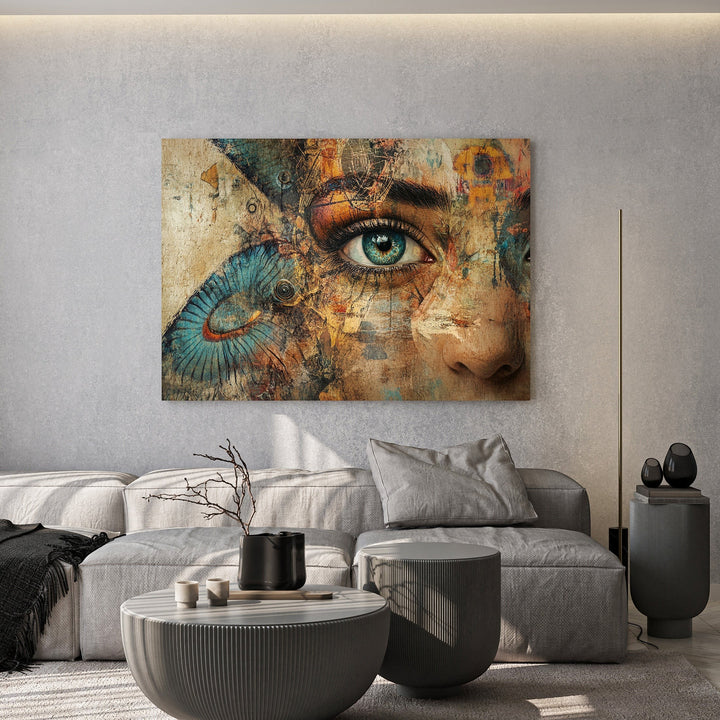 Wadi Home abstract human eye canvas print with blue and ochre tones displayed above a modern grey sofa in a living room