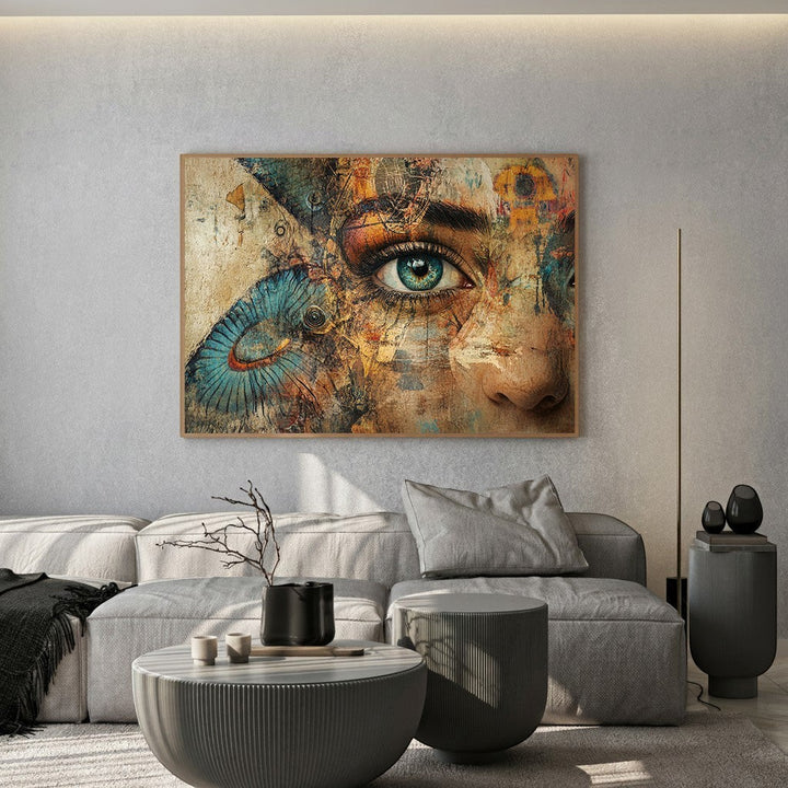 Wadi Home abstract human eye canvas wall art with textured blue and ochre details hanging above a modern grey sofa.