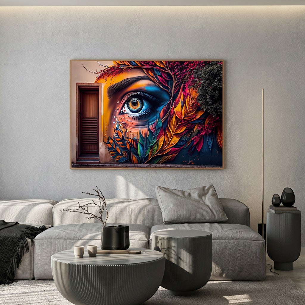 Wadi Home abstract eye wall art canvas print featuring vibrant foliage and architectural details in a modern living room