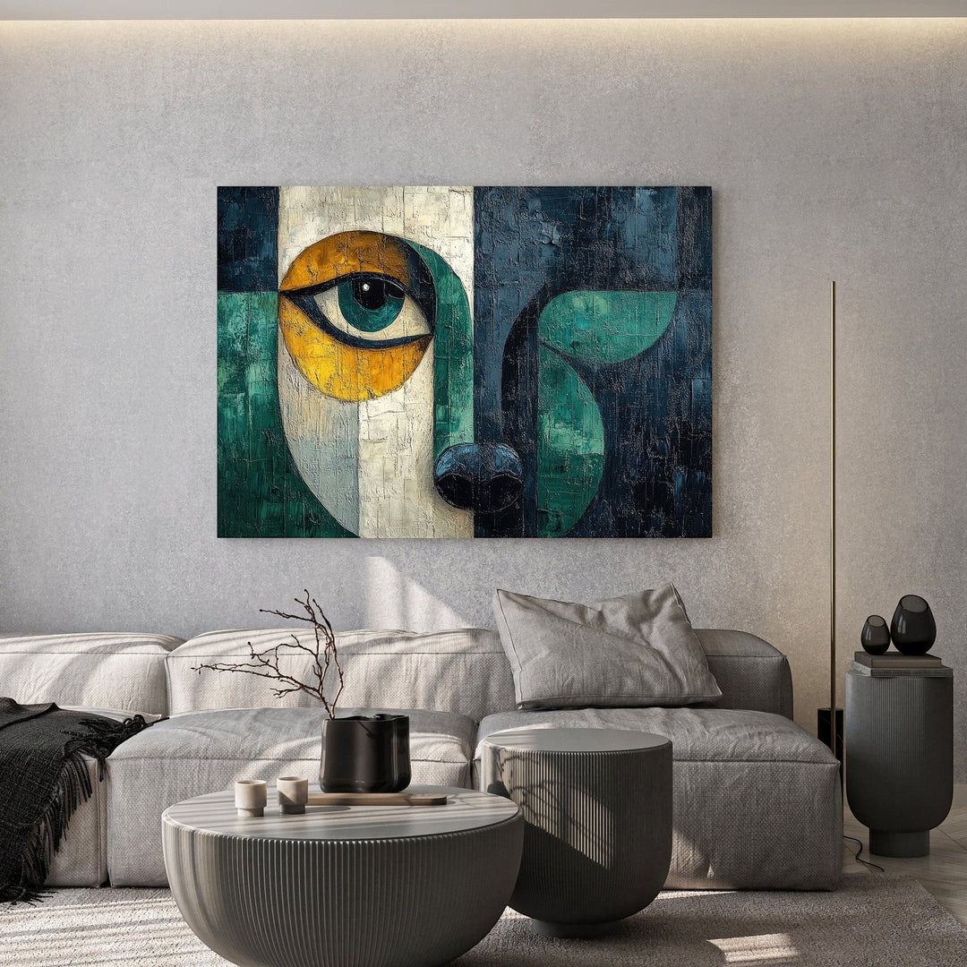 Wadi Home abstract geometric eye canvas print in navy, green, and ochre hanging above a modern grey sofa.