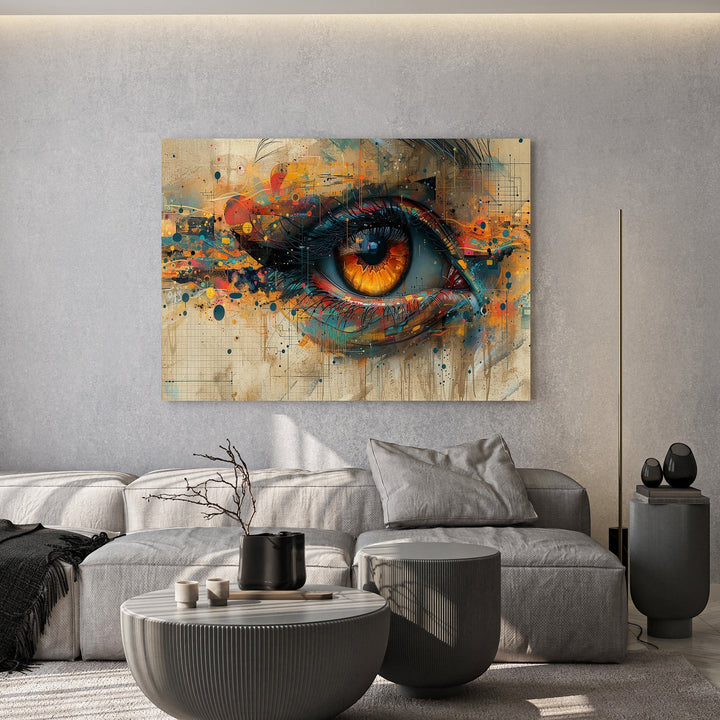 Wadi Home abstract eye canvas print with vibrant amber and blue splattered paint above a modern grey sofa.