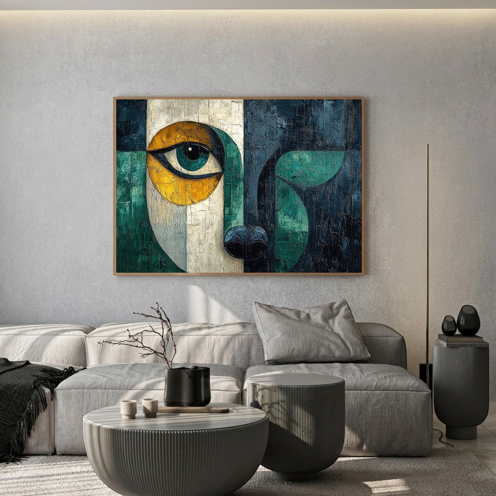 Wadi Home abstract geometric eye canvas print in navy, green, and ochre hanging above a modern grey sofa.