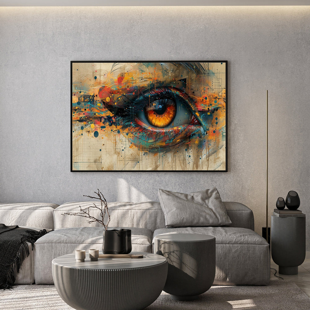 Wadi Home abstract eye wall art canvas print with vibrant amber and blue splattered paint in a modern living room.