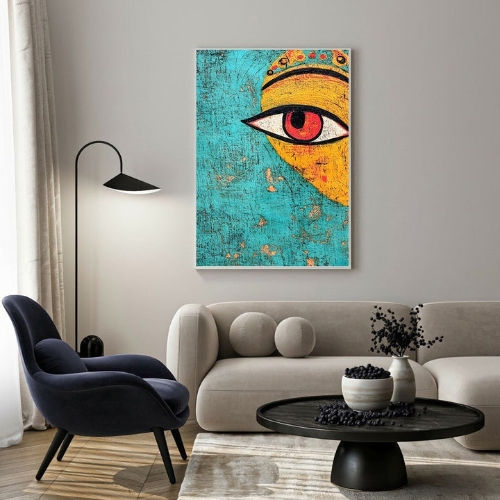 Wadi Home abstract eye canvas wall art with turquoise and yellow background. Bold red eye motif.
