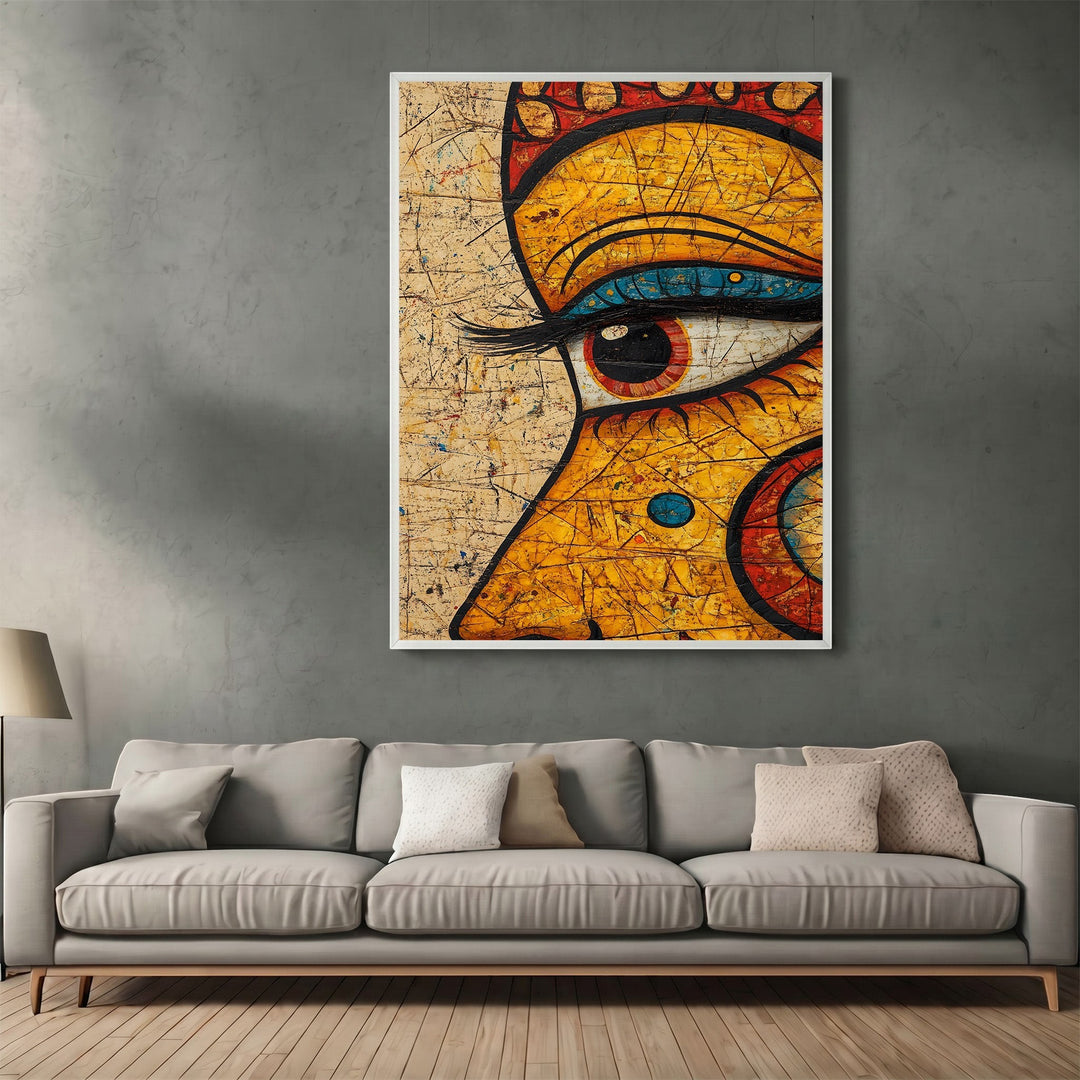 Wadi Home abstract wall art featuring a stylized eye in vibrant yellow, red, and blue tones in a sleek white frame.