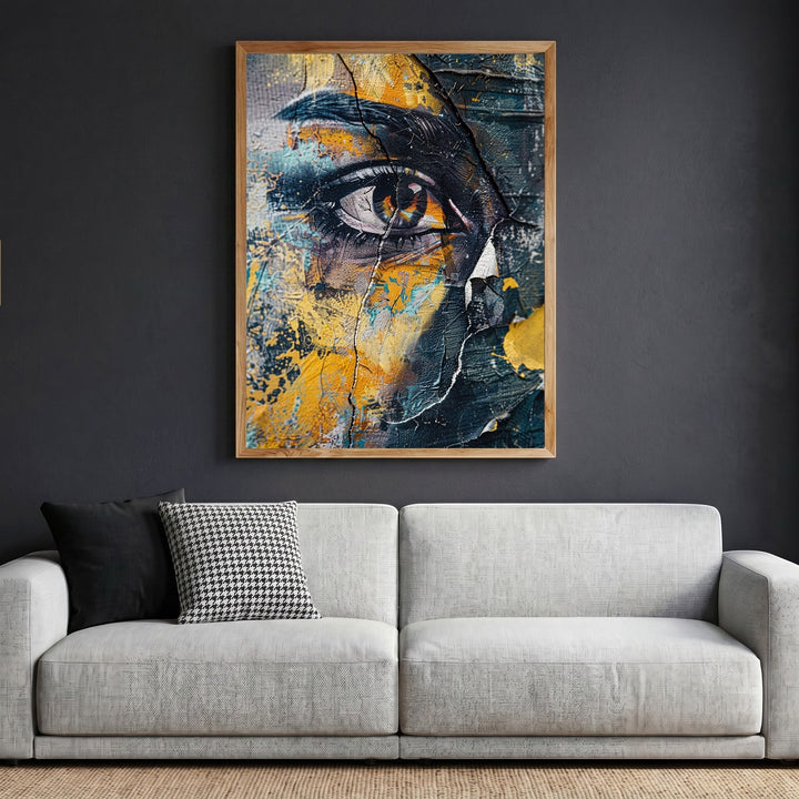Wadi Home abstract eye framed wall art with blue, charcoal, and yellow tones hanging above a modern grey sofa.