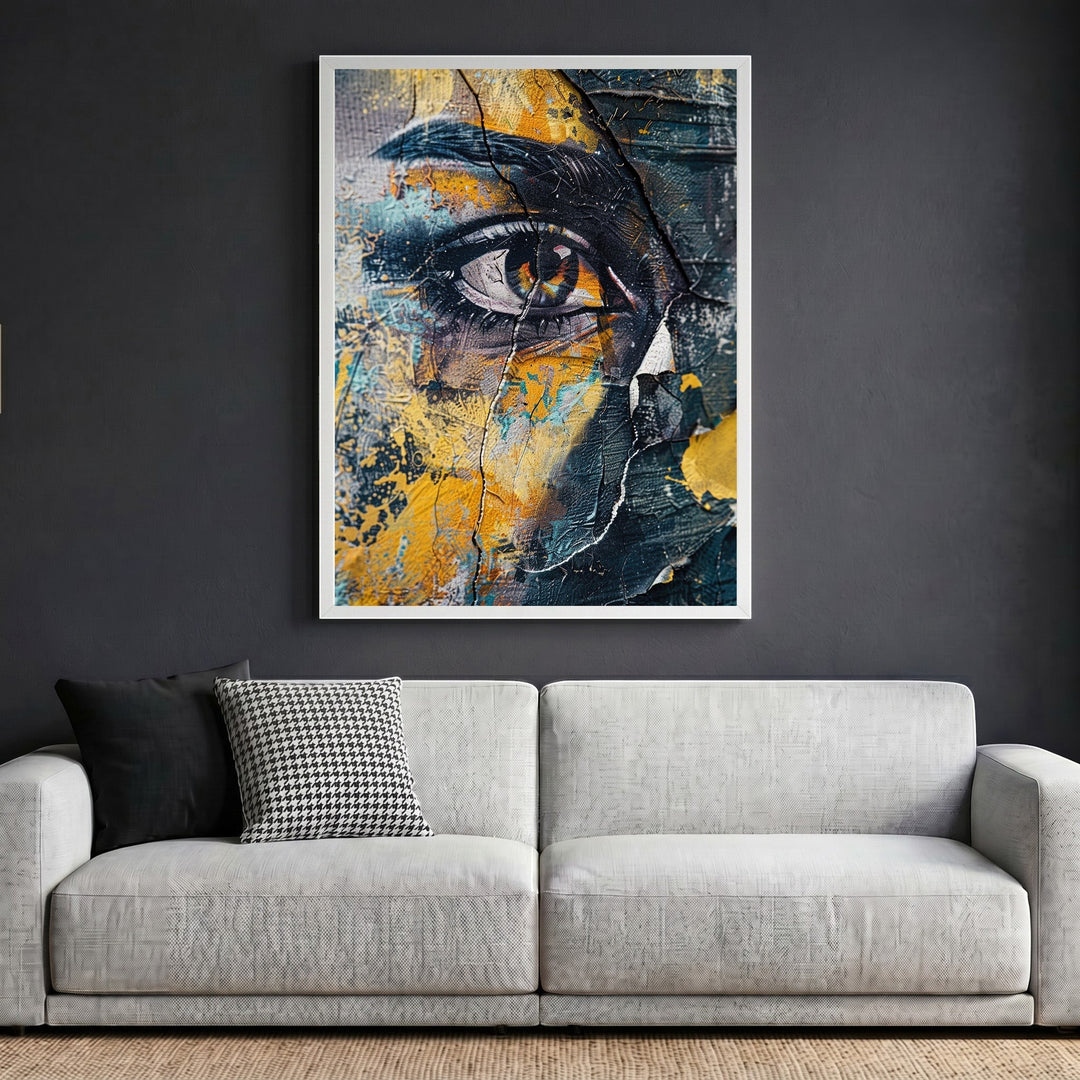 Wadi Home abstract eye wall art in a white frame hanging above a modern grey sofa in a contemporary living room.