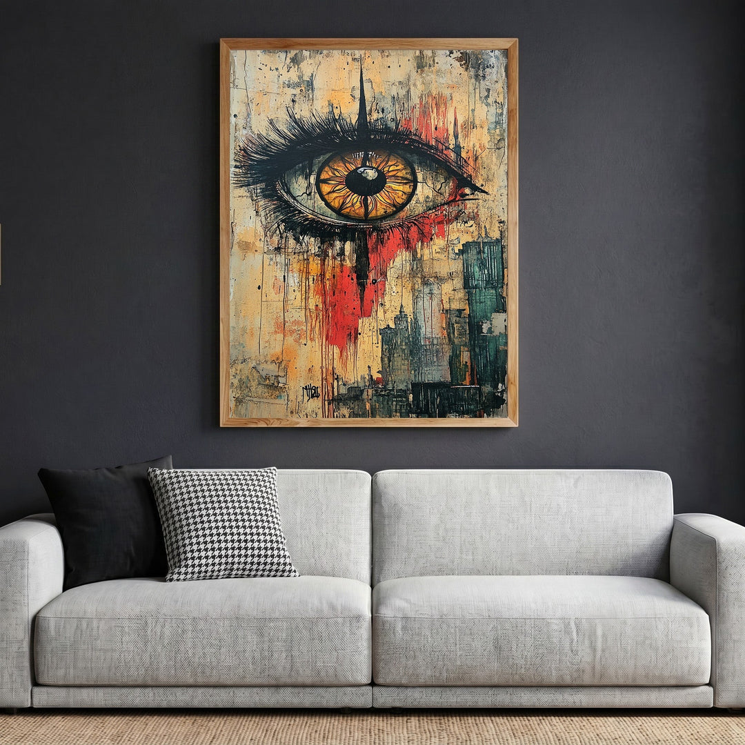 Wadi Home abstract eye wall art in a wooden frame hanging above a modern grey sofa in a contemporary living room.