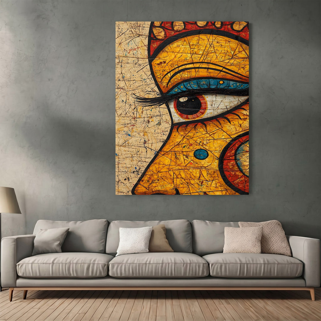 Wadi Home abstract artistic framed wall art featuring a vibrant close-up eye design with textured yellow and red tones.
