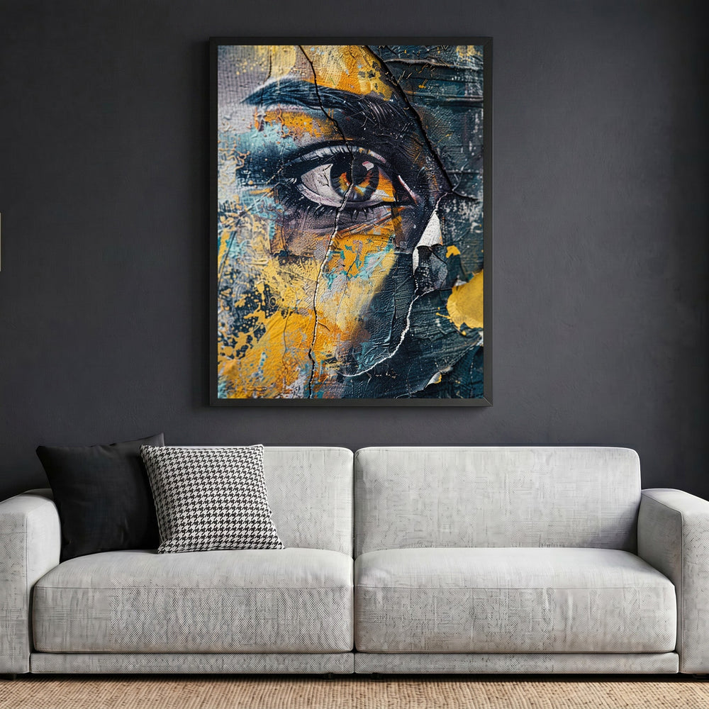 Wadi Home abstract eye wall art with blue and yellow distressed textures in a black frame above a modern sofa.