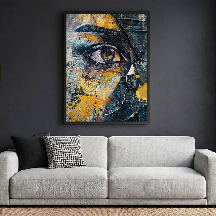 Wadi Home abstract eye wall art with blue and yellow distressed textures in a black frame above a modern sofa.