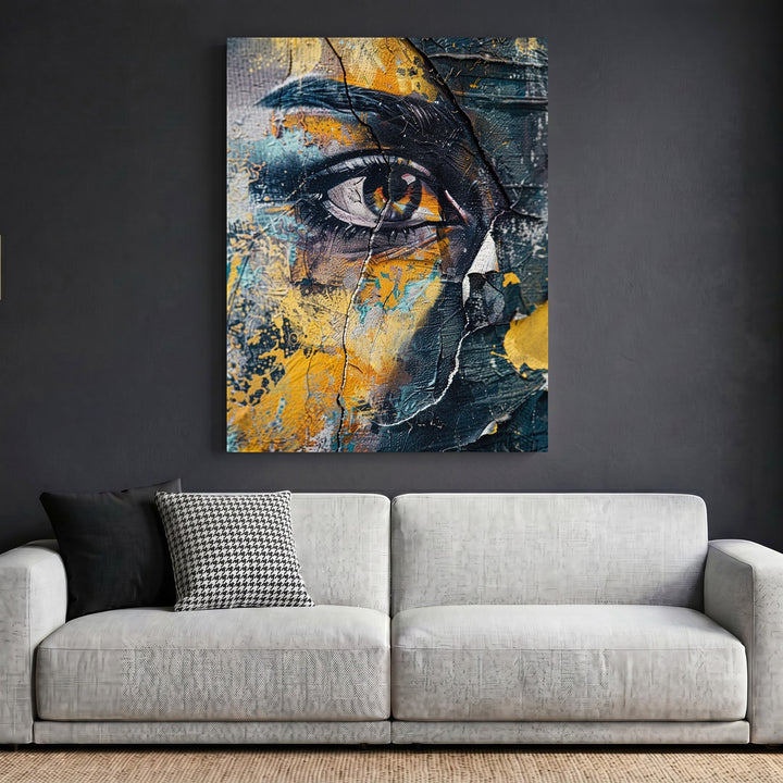Wadi Home abstract eye wall art print with blue, charcoal, and yellow tones hanging above a modern grey sofa.