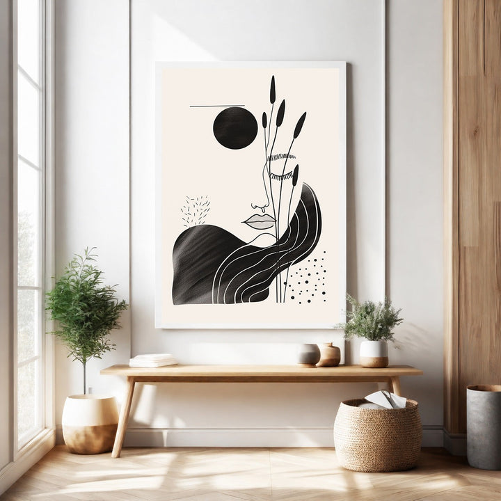 Wadi Home abstract black and cream wall art featuring a minimalist face with botanical elements and a sun motif.