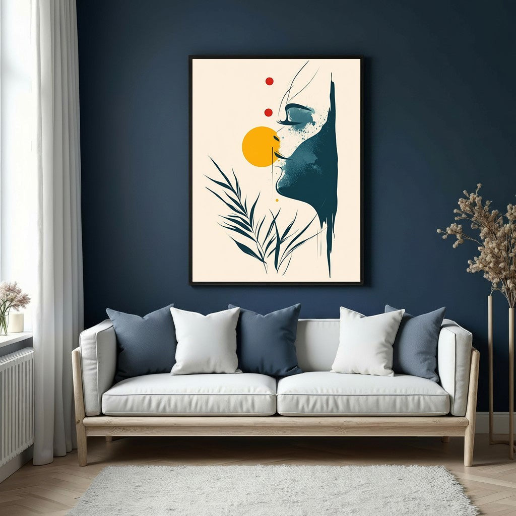 Wadi Home Abstract Face Botanical Wall Art featuring a profile of a face with teal and blue hues, botanical elements, and yellow sun.