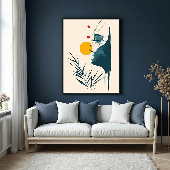 Wadi Home Abstract Face Botanical Wall Art featuring a profile of a face with teal and blue hues, botanical elements, and yellow sun.