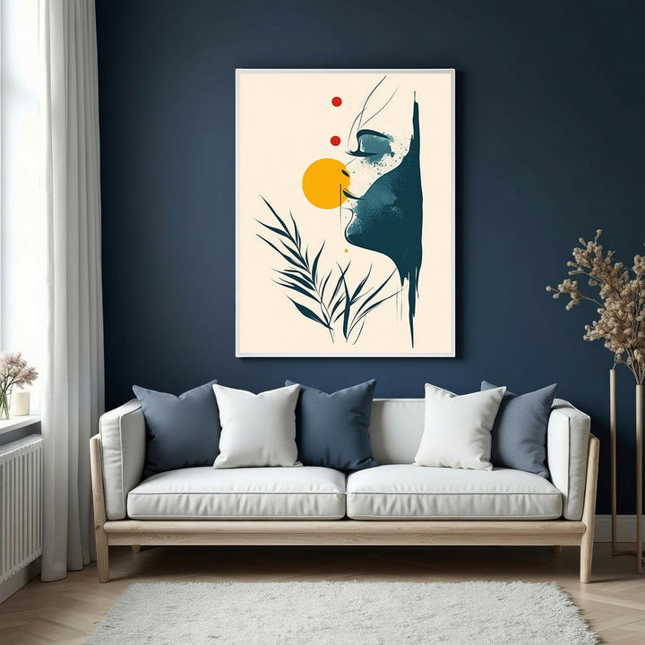 Wadi Home abstract teal and blue face with botanical elements wall art, featuring a yellow sun and red dots.