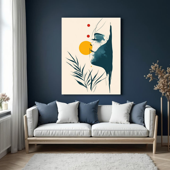 Wadi Home abstract face botanical wall art in teal, blue, yellow, and red on a cream background.