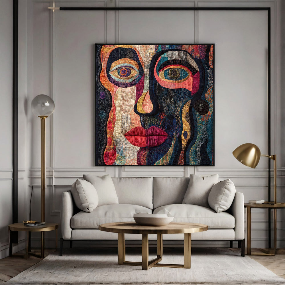 Wadi Home abstract face canvas print with vibrant blue, orange, and red textured patterns hanging above a sofa.