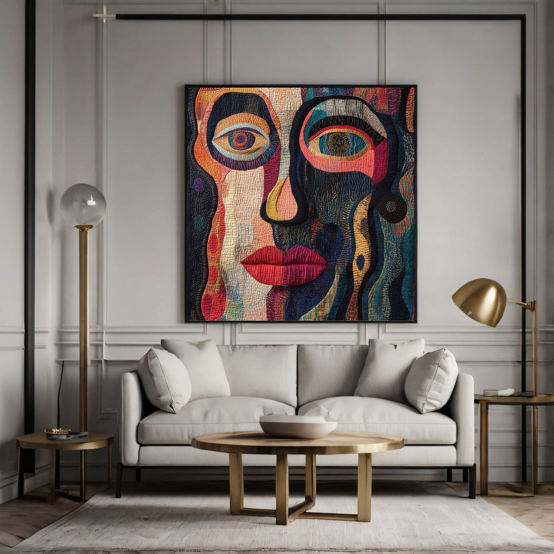 Wadi Home abstract face canvas print with vibrant blue, orange, and red textured patterns hanging above a sofa.