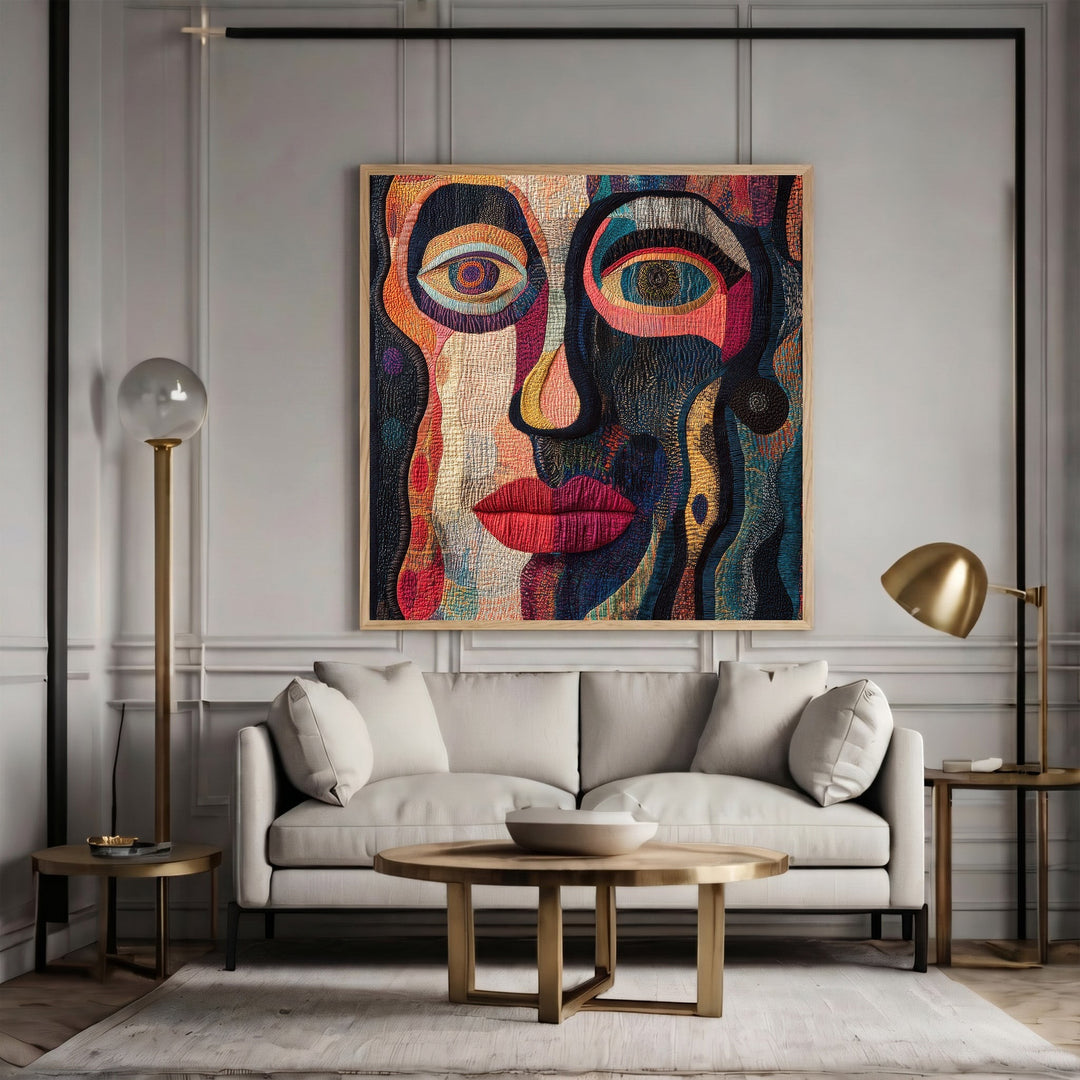 Wadi Home abstract face canvas print with vibrant blue, orange, and red textured patterns hanging above a modern sofa.