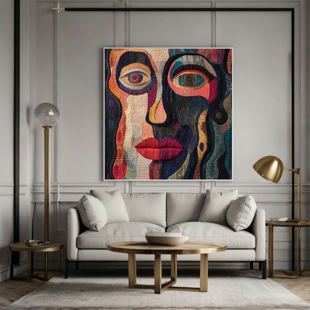 Wadi Home abstract face canvas print with vibrant blue, orange, and red textured patterns hanging above a modern sofa.