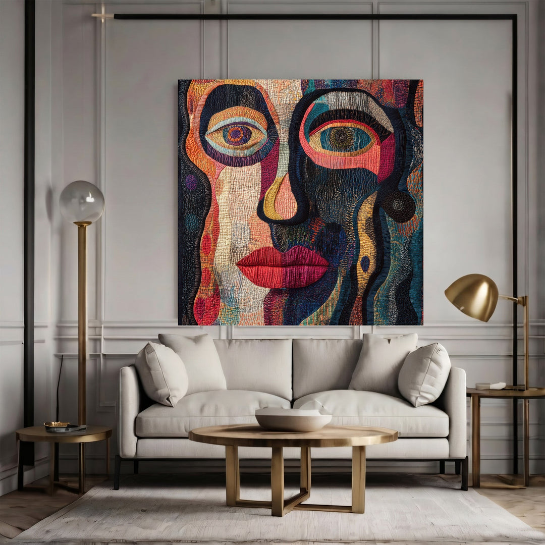 Wadi Home abstract face canvas wall art with vibrant blue, orange, and red textured patterns above a modern sofa.