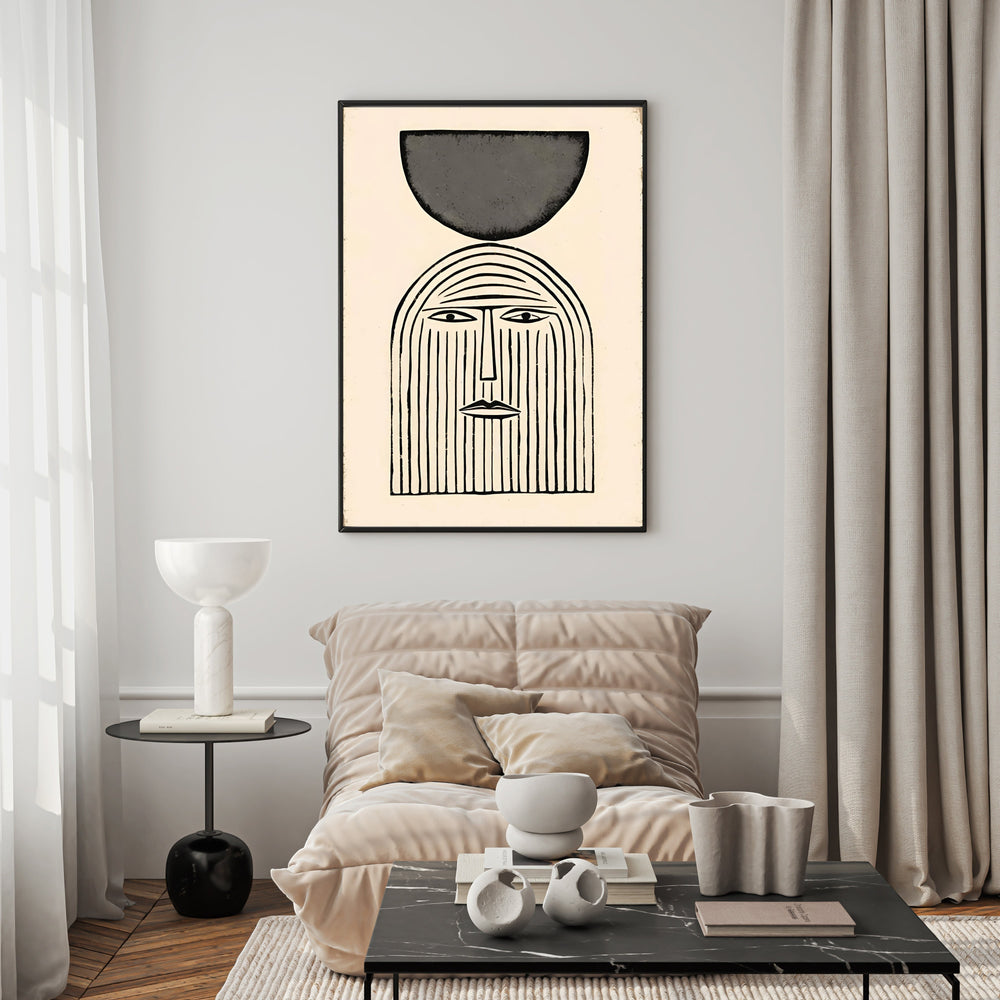 Wadi Home abstract face wall art with geometric shape, black and cream line art on cream background, framed.
