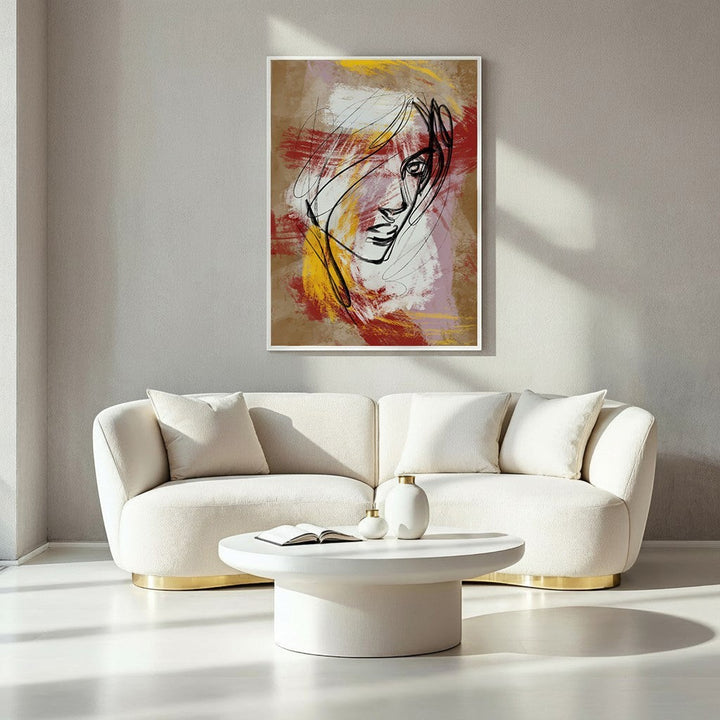 Wadi Home abstract line art painting of a face with red, yellow, and white brushstrokes on a neutral background.