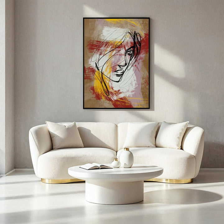 Wadi Home abstract face line art painting with red, yellow, and white brushstrokes on a neutral background.